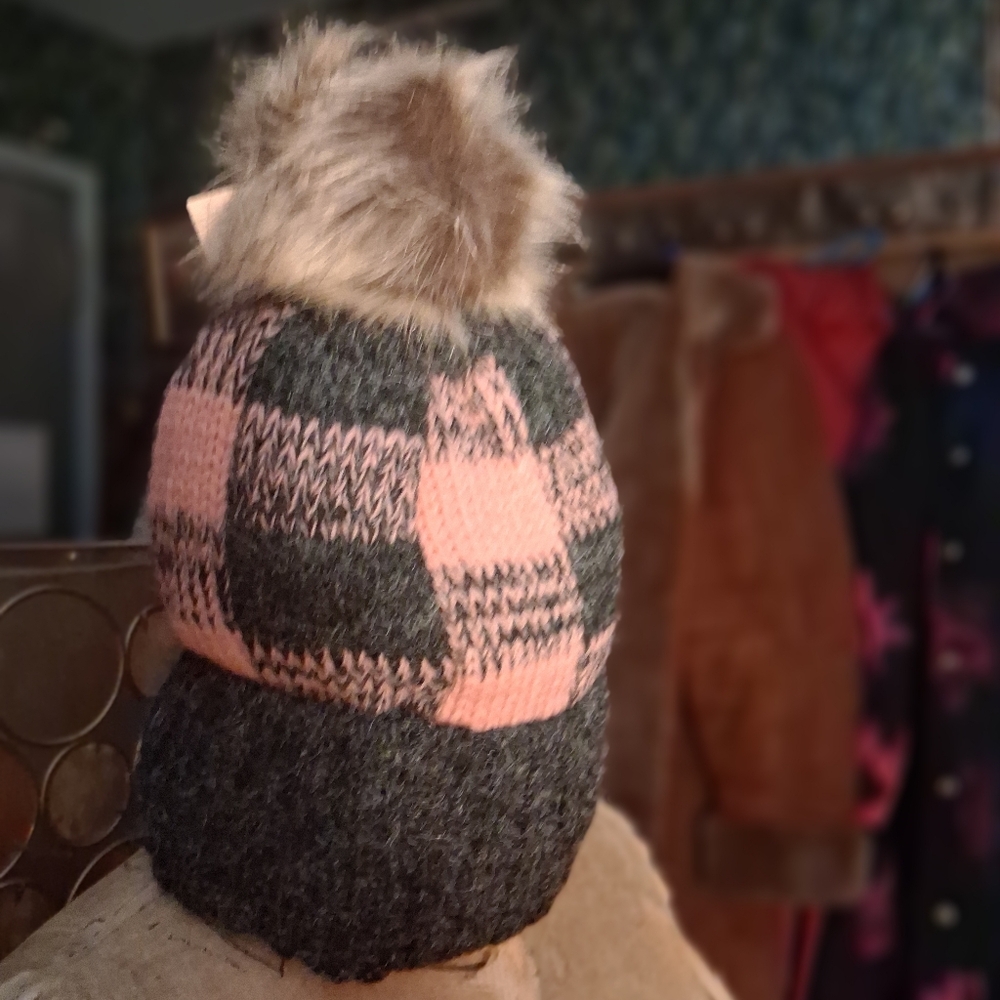 b new york Pink and Gray Hat with Faux Fur Pom